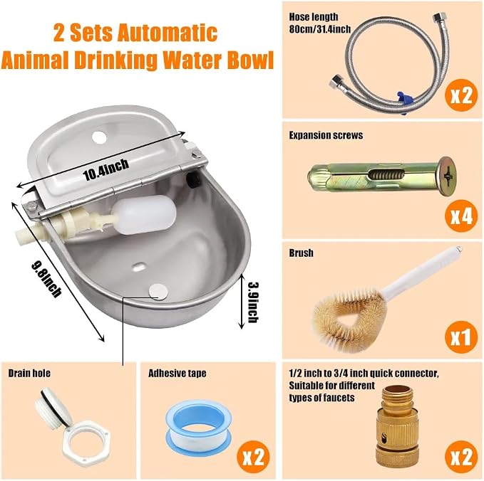 Automatic Animal Watering Bowl 304 Stainless Steel with Float Valve & Drainage Hole – Wall Mount Livestock Waterer for Dogs, Horses, Goats, Pigs, Chickens, Includes 39" Hose, 3/4" Adaptor