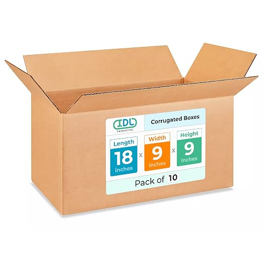 Long Moving & Shipping Boxes 18x9x9 inches (10-Pack) - Extra Strength 200 lb vs Regular - USA-Made Corrugated Strong Packing Boxes for Moving - Heavy Duty Box - Long Box for Shipping by IDL Packaging
