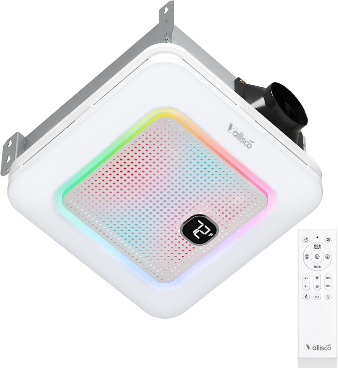 VallisCo Bathroom Exhaust Fan with Bluetooth Speaker, RGB Light & Remote, 230 CFM Quiet Ceiling Fan, 3 Dynamic RGB Lighting, 3000K–6000K Dimmable, Nightlight, Dual Installation
