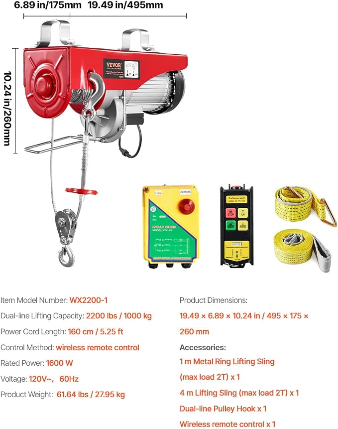 VEVOR 2200lbs Electric Hoist with Wireless Remote Control,110v Electric Hoist with Remote Control, 40ft/20ft Lifting Height & Motor, for Garage Warehouse Factory