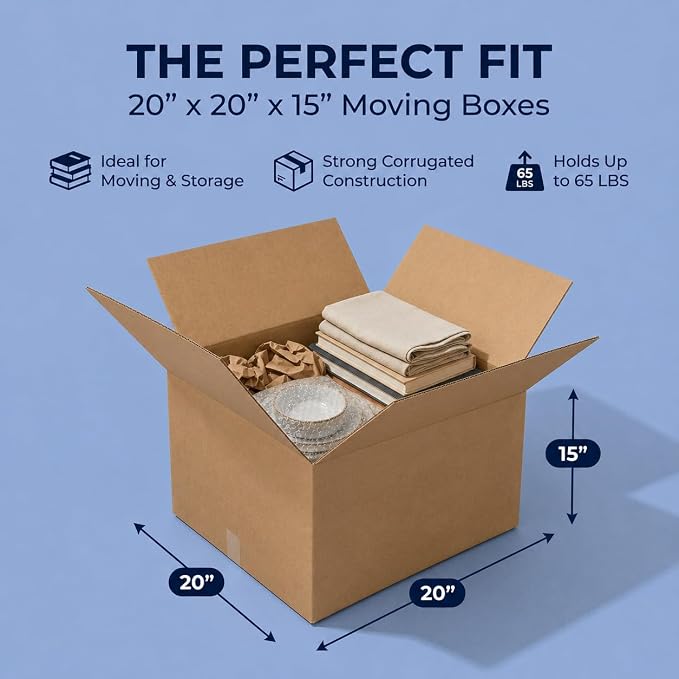 BOX USA Large Moving Boxes 20"L x 20"W x 15"H 12-Pack - Corrugated Cardboard Box for Shipping, Mailing, Packing, Packaging and Storage