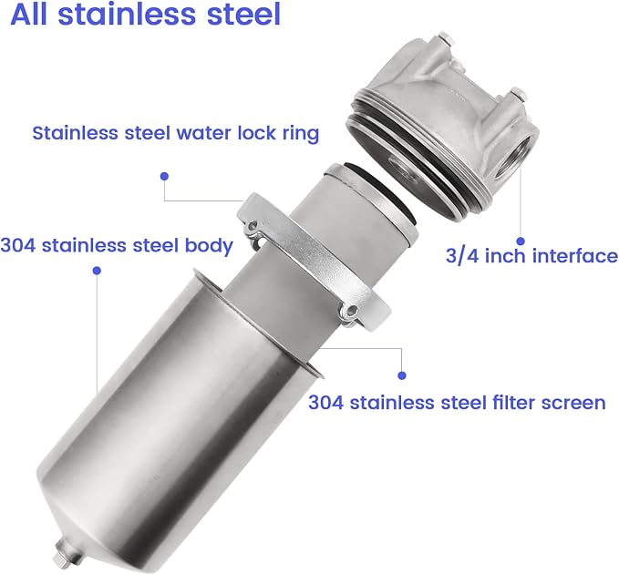NSF/ANSI 42 Stainless Steel Whole House Water Filter Housing, 5" x 2.5" Sediment Water Filter System for Heavy Duty, Well & City Water, 3/4" NPT Port, Drain Valve Style C(Square Head)