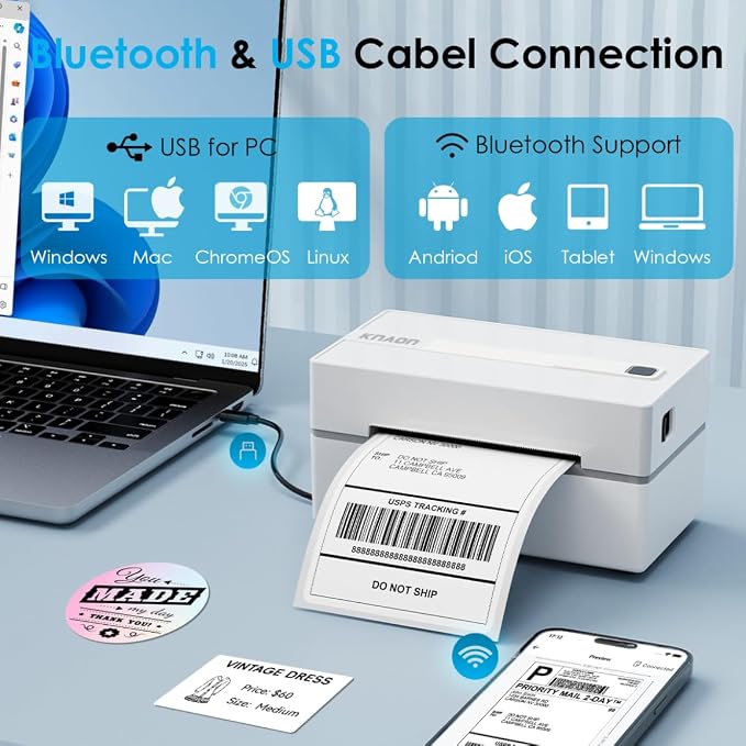 KNAON Bluetooth Thermal Shipping Label Printer, 4x6 Portable Thermal Address Label Printer for Small Business, Compatible with iPhone,Android,Windows,Mac–Works with Etsy Shopify USPS&More, White