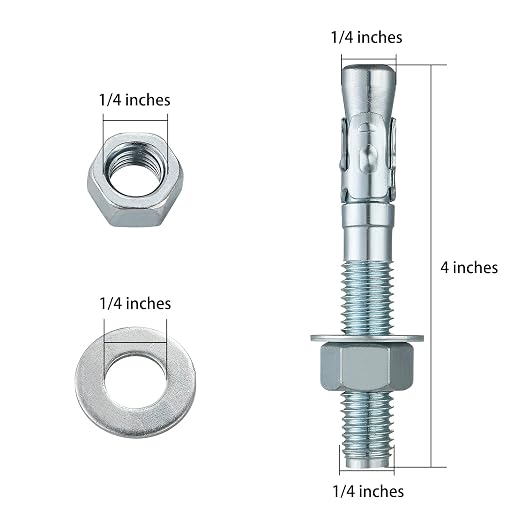 Wensilon 1/4x4" 10Pcs Inch Standard Fasteners for Heavy-Duty Zinc Wedge Anchors for Cement and Concrete