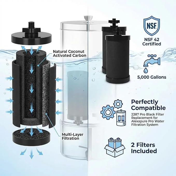 2-Pack Pro Black Water Filter Replacement, NSF/ANSI 42 Certified, 5,000 Gallon Capacity, Compatible with Gravity Water Filtration Systems, for Improved Taste & Contaminant Reduction