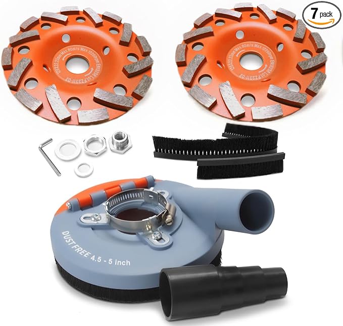 Wohenhao Dust Shroud for Angle Grinder 4.5-5 inch + 2 PCS Diamond Grinding Cup Wheel 5 inch + Replacement Brush, Universal Surface Grinding Shroud Kit for Various Surfaces