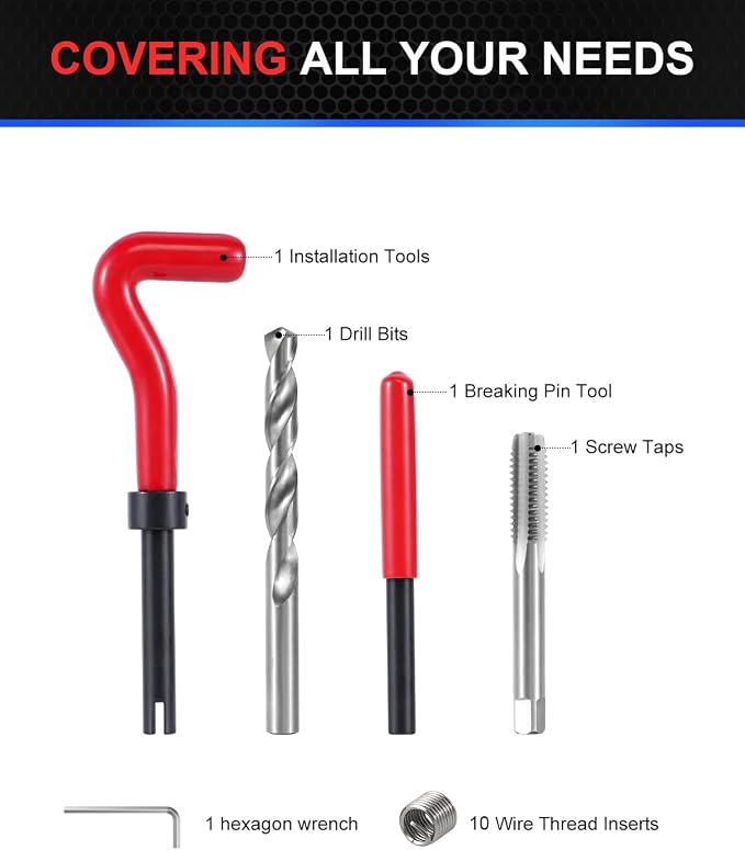 Kolvoii M10×1.25 Helicoil Thread Repair Kit, Metric M10 Helicoil kit with HSS Drill Bit, Tap & Stainless Steel Inserts for Suspension, Cylinder Head & Heavy Machinery