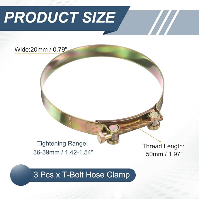 HARFINGTON 3pcs T-Bolt Hose Clamp 36-39mm (1.42-1.54") Galvanized Carbon Steel Adjustable Intake Radiator Pipe Clamps for Automotive Plumbing Industrial Pipes