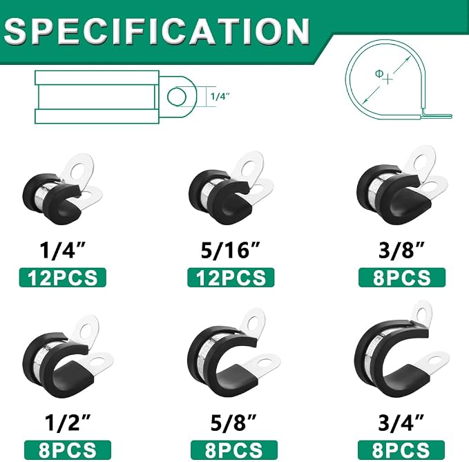 OURU 56PCS Cable Clamps Assortment Kit,6 Sizes—1/4" 5/16" 3/8" 1/2" 5/8" 3/4" Stainless Steel Rubber Coated Cushioned Insulated Cable Clamp,Automotive Cable Wire Clamps,Pipe Clamps,Metal Clamp