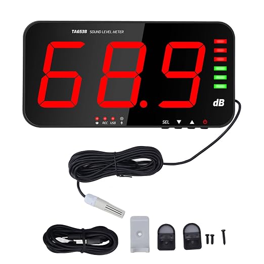 Decibel Meter Digital Sound Level Meter 30-130db Reader Large LCD Display Noise Meter Decibel Wall Mounted Hanging DB Tester with Alarm TA654B