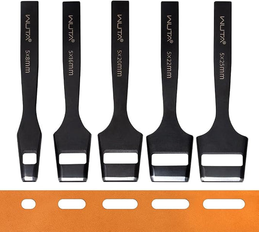 WUTA 5 Pcs Leather Belt Hole Puncher Oval Cutter Strap Watch Band Flat Punches Heavy Duty Oblong Tools for Leathercrafting (5 * 8+5 * 16+5 * 20+5 * 22+5 * 25mm)
