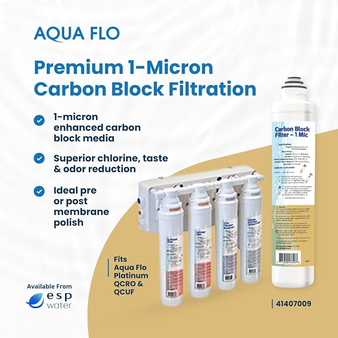 Aqua Flo Carbon Block Filter 1 Micron 41407009 – Quick-Change Replacement for Aqua Flo Platinum QCRO & QCUF 4-Stage Systems – Reduces Chlorine, Taste, Odor – Polishing or Pre-Filter Cartridge