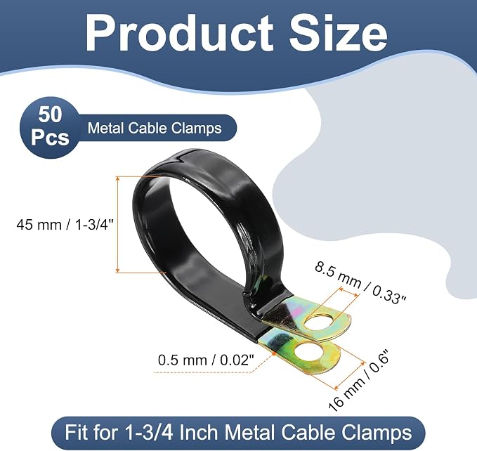 PATIKIL 1-3/4 Inch Vinyl Coated Cable Clamps, 50 Pack Galvanized Steel Metal Cable Clips Rubber Cushion Insulated Pipe Clamps for Tube Lines Cord Wire Management, Black