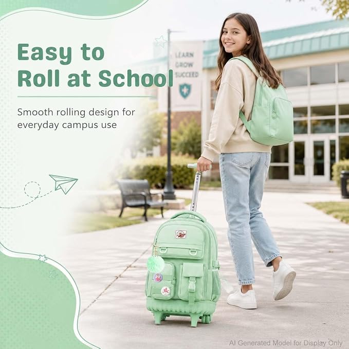 CCJPX Rolling Backpack for Girls Women, 21 inch Roller Wheels School Bookbag, Wheeled Suitcase Backpacks with Lunch Bag for Teen - Green