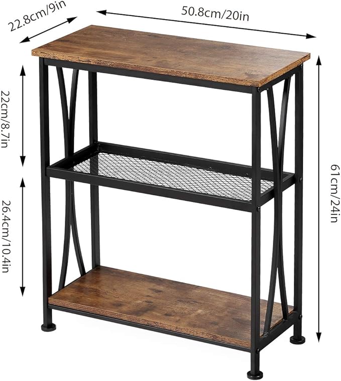 Narrow Side Table,3-Tier End Table With Storage Shelves,Small Hallway Table, Industrial Accent Table With Metal Frame Slim Nightstand Sofa Side Table for Small Spaces,Living Room, Bedroom,Rustic Brown