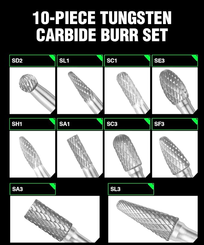 Carbide Burr Set 1/4" (6.35mm) Shank – 10 Pcs Double Cut Die Grinder Bits for Milling, Carving, Engraving, Deburring, Drilling, Hard Wood and Metals – Tungsten Carbide Drill Bit Set for Rotary Tools
