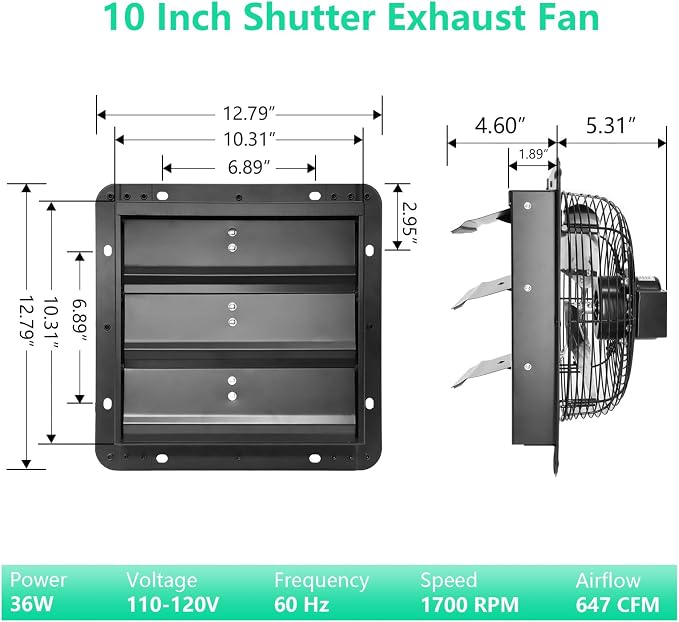 10 Inch Shutter Exhaust Fan,Wall Mount Louvered Exhaust Fan with ON/OFF Switch, Chicken Coops Vent Fan for Greenhouse, Gable, Barn, Garage, Shed Ventilation Fans 647CFM,1700 RPM
