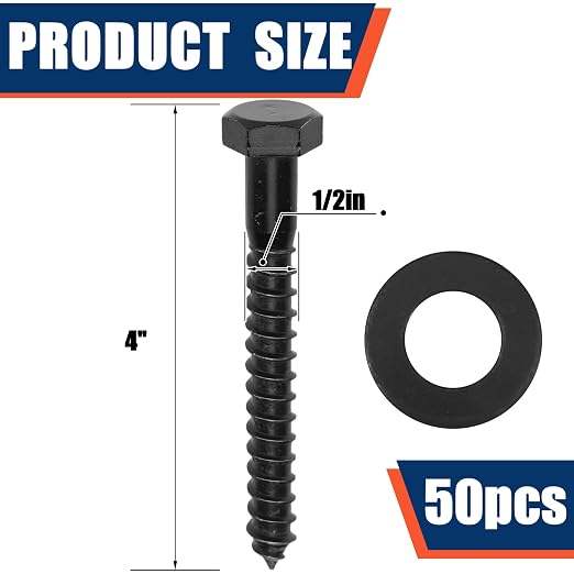 Tandefio 50 Pack 1/2''x 4'' Ceramic Black Lag Screw Kit with Washers Hex Lag Bolts Wood Screws Heavy Duty Hot Dip Galvanized Double Layer for Wood Decks Fences