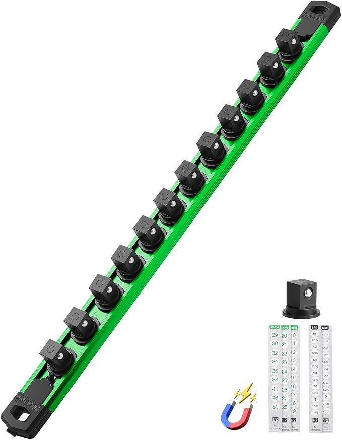 ALOANES Magnetic Socket Organizer Set, 1/2-Inch Drive Heavy Duty Aluminum Socket Rail Organizer, 360° Swivel Clips Socket Holder Kit for Toolbox Drawer Fit 1/2-Inch x 12 Clips (Green, 1PC)