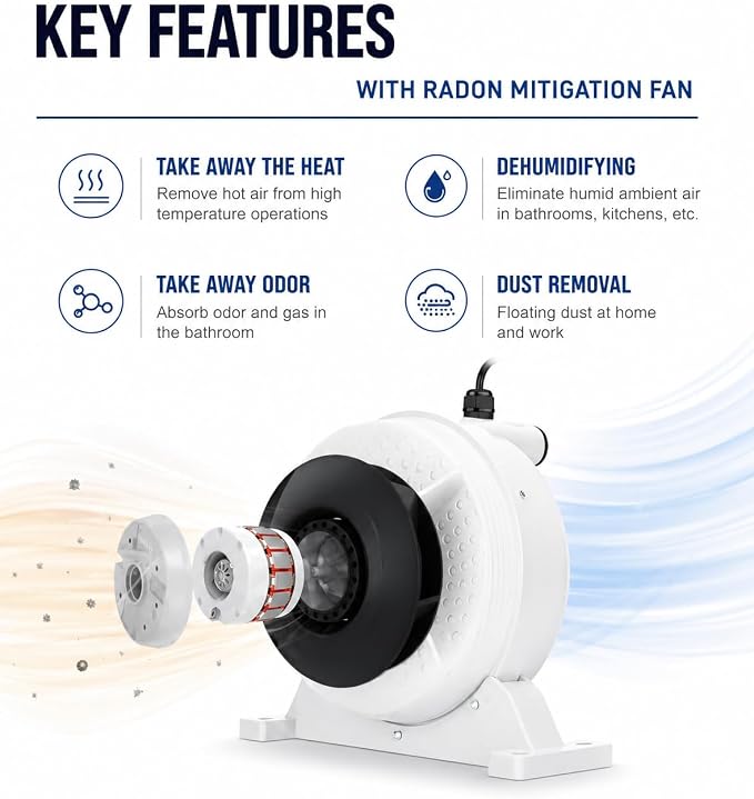 4 inch Radon Mitigation Fan 4" – 190 CFM Quiet Inline Duct Fan | IP67 Waterproof, 58 W Energy‑Saving Motor – Easy Install Indoor/Outdoor Radon Exhaust System