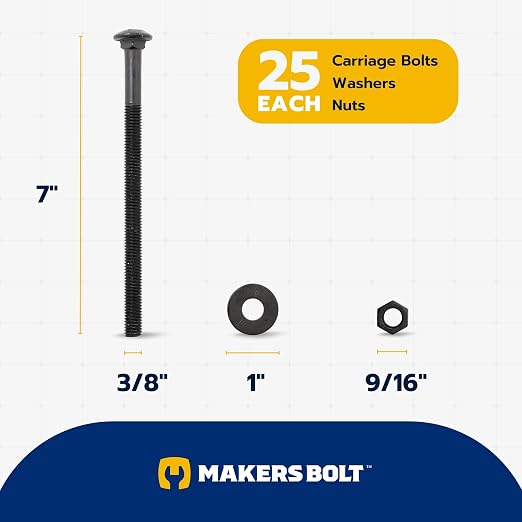 3/8" x 7" (25 Pack) Black Carriage Bolt Kit, Grade 307A, Ceramic Coated for Exterior Use, 2X Rust Resistance of Galvanized by Makers Bolt