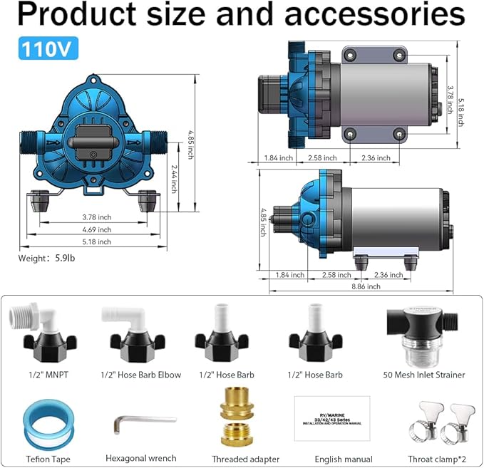 110V AC Electric High Voltage Diaphragm Pump, 4.0GPM, 45PSI, In line Water Transfer Pump, Camping Water System, Garden Hose and Pump Demand Water Pressure Boosting Pump