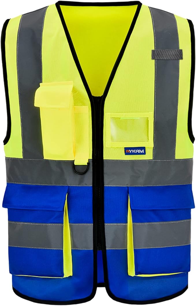 A-SAFETY Reflective Construction Vest, Radio Loop, Zipper, Yellow/Blue, XS | Yellow/Blue XS work vest with reflective strips and 7 pockets for equipment teams and assembly lines; 21 color options.