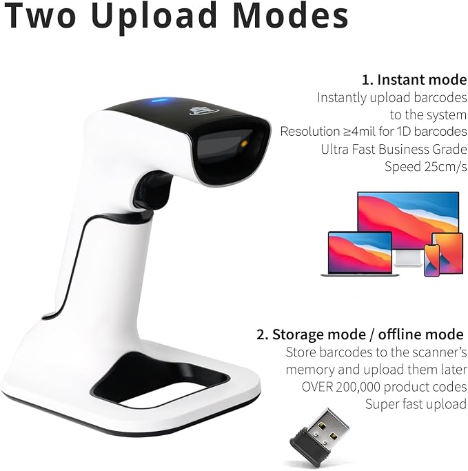 ScanAvenger Wireless Portable 1D&2D with Stand Bluetooth Barcode Scanner: 3-in-1 Handheld Scanner, Rechargeable Battery for Inventory - USB Bar Code/QR Reader (1D&2D with Next Gen Stand)