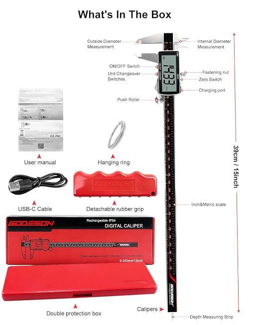 Digital Caliper 12 Inch, ±0.001" High Precision, Rechargeable & IP54 Calipers Measuring Tool, Stainless Steel Vernier Caliper 300mm with Large LCD, MM/Inch/F, Rubber Grip for 3D Printing, Machine Shop