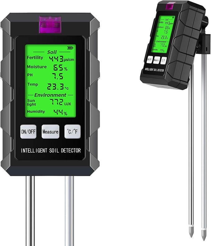 Digital Soil Moisture Meter, 6-in-1 Soil pH Tester for Plants with 3.6-Inch Screen, Tests pH, Fertility, Temperature, Sunlight and Air Humidity for Garden, Lawn and Farm (2*AAA Batteries Needed)