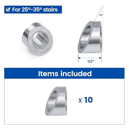 Muzata 10 Pack 3/8" ID Cable Railing Angle Washer 25 30 35 Degrees T316 Stainless Steel Angle Beveled Washer for 1/8" 5/32" 3/16" Cable Railing Hardware Kit CR60