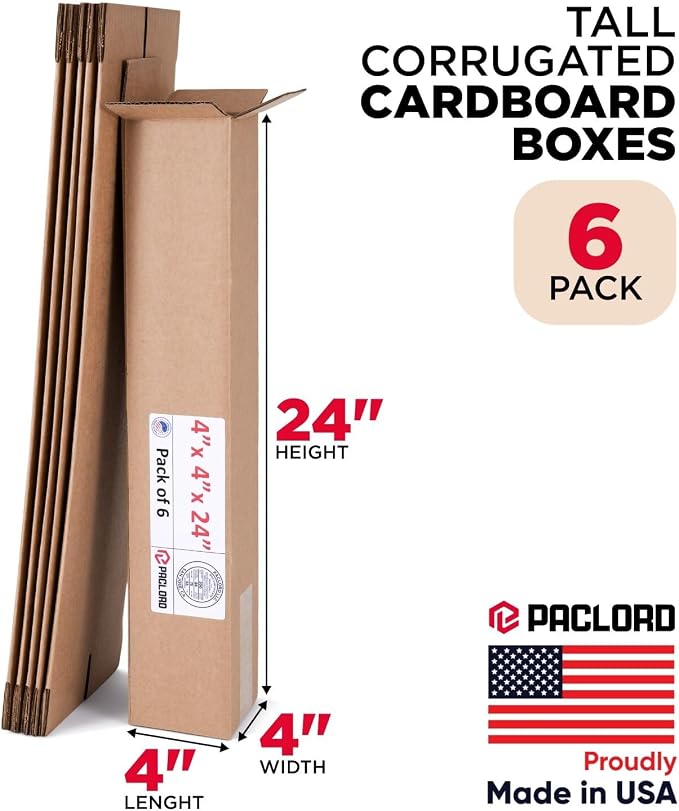 Tall Cardboard Boxes 4"L x 4"W x 24"H (Pack of 6) - USA-Made Packing Boxes for Moving, Shipping, or Storage - USPS, UPS, FedEx Approved - Professional Packing Supplies for Moving | USA-Made Packing Boxes for Moving, Shipping, or Storage - USPS, UPS, Fe...