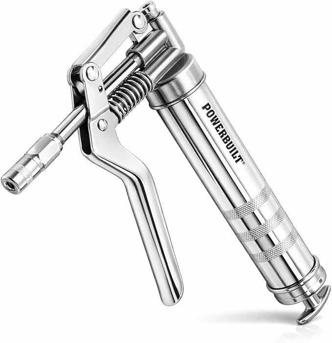 Powerbuilt Mini Pistol Grip Grease Gun with 6 Inch Extension Pipe Attaches at 0 or 90 Degrees, Push Button Air Bleeder Valve; Uses Standard 3 Ounce Cartridges - 648755