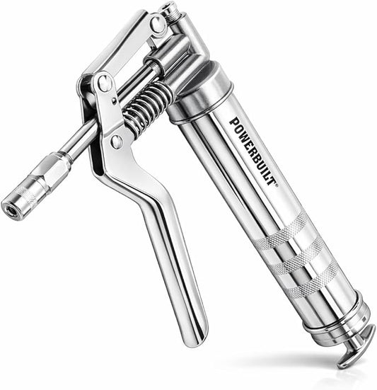 Powerbuilt Mini Pistol Grip Grease Gun with 6 Inch Extension Pipe Attaches at 0 or 90 Degrees, Push Button Air Bleeder Valve; Uses Standard 3 Ounce Cartridges - 648755
