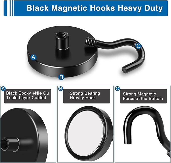 LOVIMAG Magnetic Hooks Heavy Duty, 130LBS, 4 Pack | Magnet with Hook for Cruise Cabins, Classroom, Kitchen Essentials, Door Decoration, Refrigerator, Black