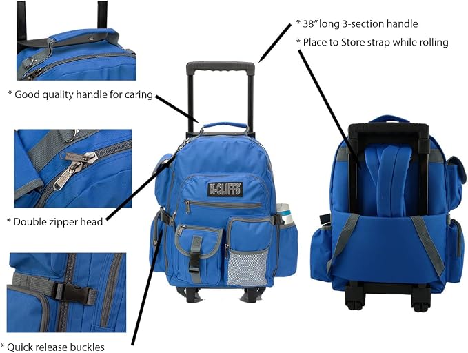 K-Cliffs Heavy Duty Rolling Backpack School Bookbag with Wheels Deluxe Wheeled Daypack