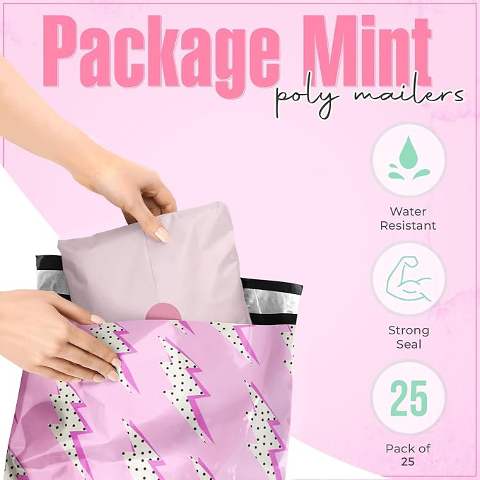 Package Mint 19x24 Poly Mailers - 25 Pack Lightning Bolt Design Poly Mailer Shipping Bags - Waterproof, Tear-Resistant, Self-Sealing Adhesive - Durable Decorative Mailing Bags for Clothes, Accessories