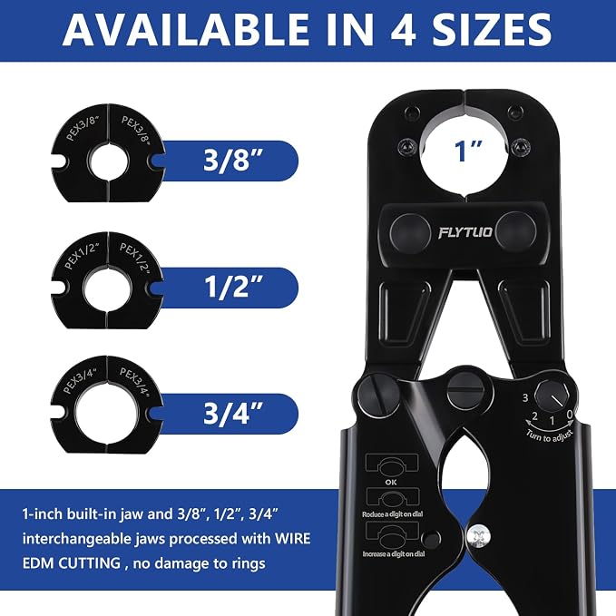 PEX Crimping Tool Set Interchangeable Jaw with 4 Sizes - 1", 1/2", 3/4", 3/8" for Copper Crimp Rings, Includes Go/No-Go Gauge, Complies with ASTM F1807 Standard
