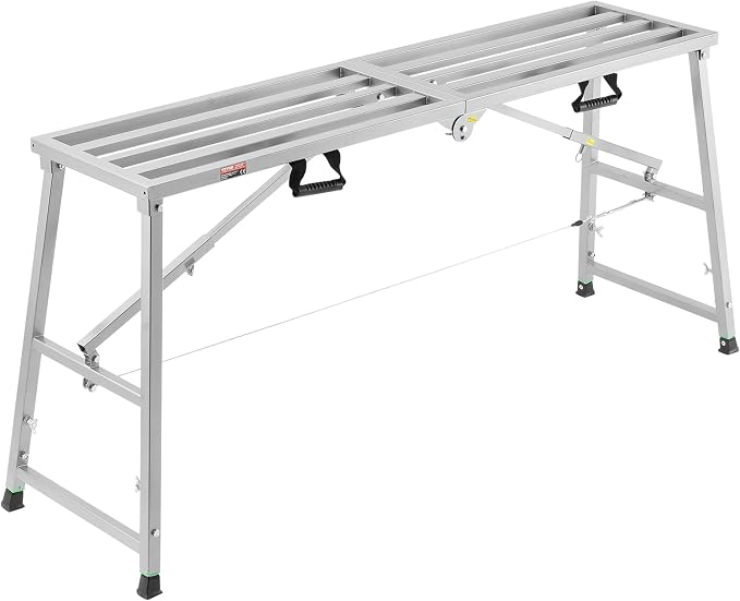 VEVOR Work Platform, 63"x 15" Portable Scaffolding Platform, Folding Steel Step Ladder Adjustable Height 31.5”-50.1”, 800 lbs Load Capacity, Non-Slip Drywall Painting Stool for Cleaning &Washing