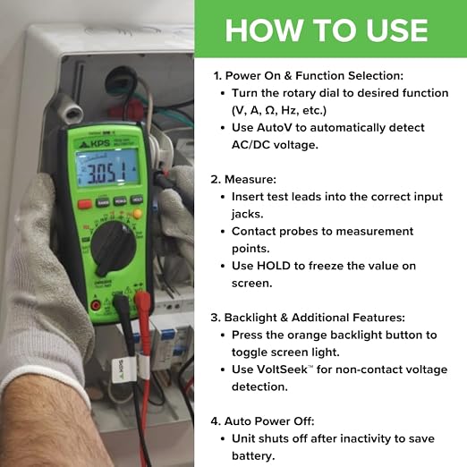 KPS DMM3000 TRMS Multimeter – 1000V with NCV, Low-Pass Filter & Temp Probe | Excellent for Field Technicians and Troubleshooting