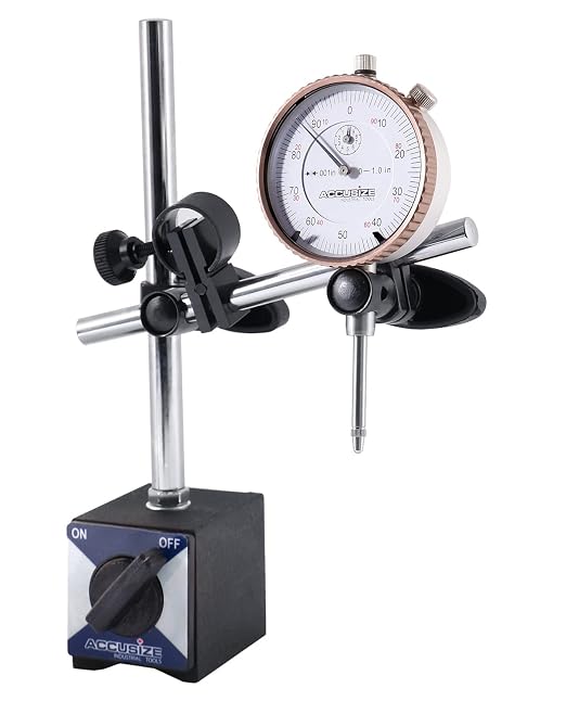 Accusize Industrial Tools 0-1'' by 0.001'' Dial Indicator with Magnetic Base Set, 60 Kg Capacity, Eg00-1038 | 176 lb Pull, On/Off Switch, V-Groove Bottom, Fine Adjustment, 0.001" Graduation