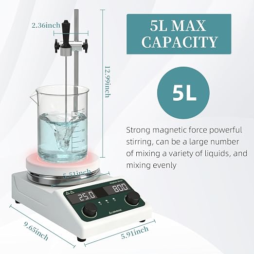 LHS-300 Magnetic Stirrer Hot Plate, 300°C/572°F, 5L, 200-1500RPM | 5.5in plate mixer, timer 1min-99h, probe, stand, stir bar & recycler set, for lab heating & mixing