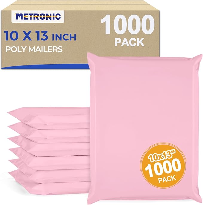 Metronic Poly Mailers 10X13 1000 Pack Bulk, Heavy Duty Self-Seal Shipping Bags for Clothing, Waterproof Medium Poly Packaging Bags for Clothing & Small Business, Light Pink
