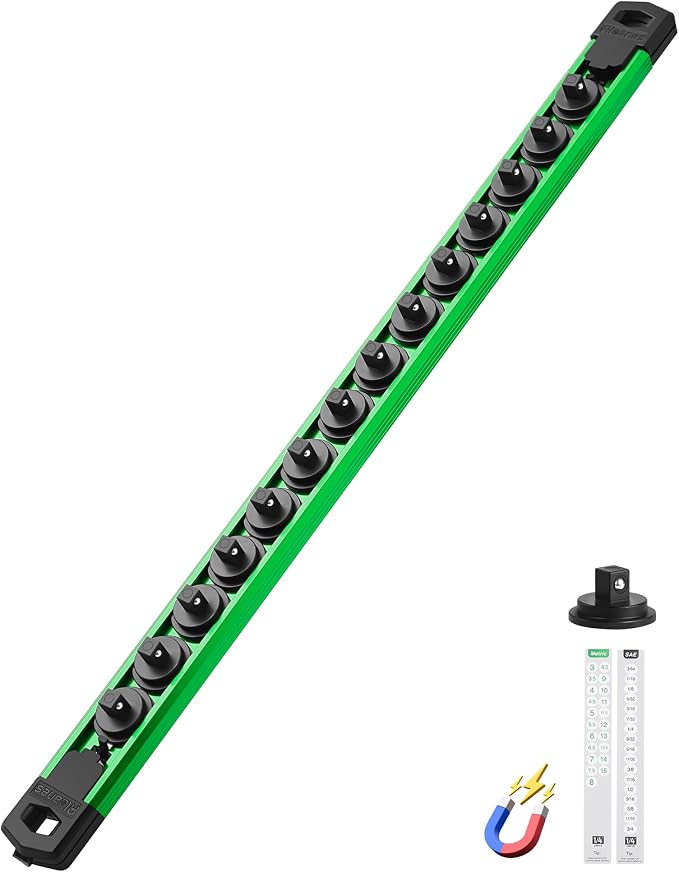 ALOANES Magnetic Socket Organizer Set, 1/4-Inch Drive Heavy Duty Aluminum Socket Rail Organizer, 360° Swivel Clips Socket Holder Kit for Toolbox Drawer Fit 1/4-Inch x 14 Clips (Green, 1PC)