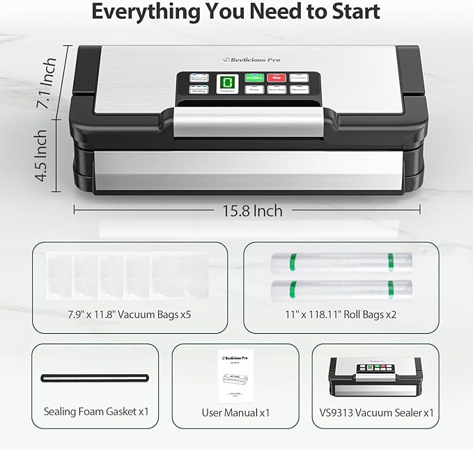 95kPa Vacuum Sealer Machine with AquaLock Technology, Dual-Pump Automatic Food Sealer for Dry & Moist Foods, Double Heat Seal, Built-in Cutter, Bag Storage & Accessory Hose,2 Bag Rolls,Stainless Steel