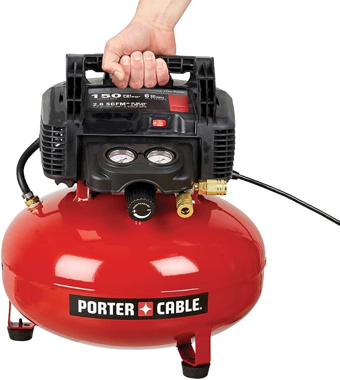 PORTER-CABLE Portable Pancake Air Compressor, 6 Gallon, 150 Max PSI | Oil-Free Maintenance-Free Pump, Wood Working, Roofing, Home, Jobsite, 2.6 CFM @ 90 PSI