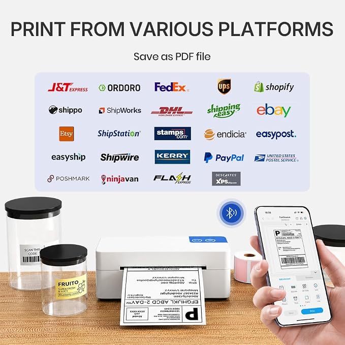 Bluetooth Thermal Shipping Label Printer, 4x6 Portable Direct Thermal Printer, Compatible with iPhone, Android, Windows and Mac, Widely Used for USPS UPS Amazon Shopify Etsy, White