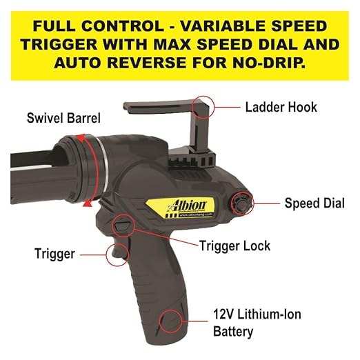 Albion Engineering E12 B-Line Cordless Cartridge Caulking Gun, No Drip, 12V, 1 Gallon (10 oz)