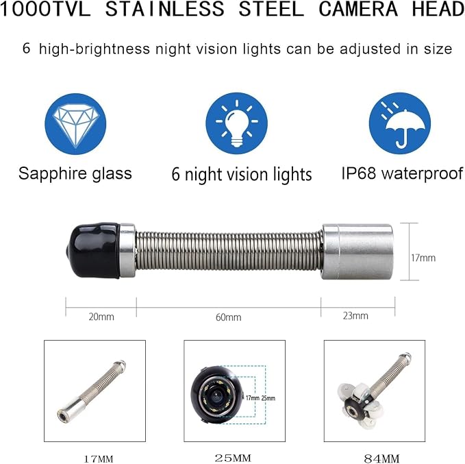 Sewer Camera Head Accessories 6LED Waterproof IP68 for Pipe Drain Endoscope Camera Replacement with Wheel and Protective Cover (0.7inch/17mm)