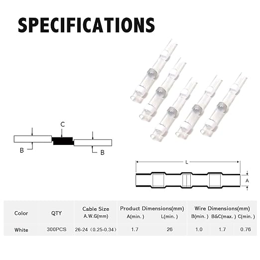 Kuject 300PCS White Solder Seal Wire Connectors, Waterproof Self Solder Heat Shrink Butt Connector Electrical Butt Splice for Automotive Marine Boat Trailer Truck 26-24 Awg